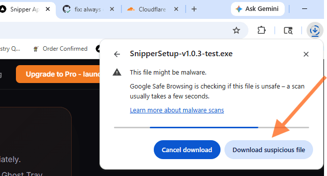 Chrome download warning dialog showing 'This file might be malware' with a Download suspicious file button