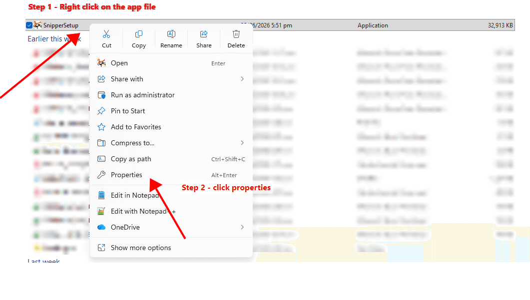 Right-click SnipperSetup.exe in File Explorer and choose Properties from the context menu
