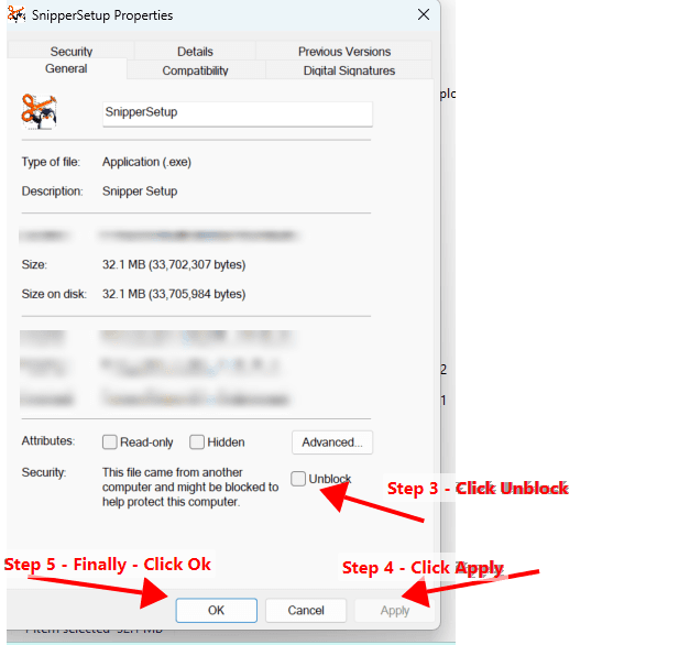 On the General tab of Properties, tick the Unblock checkbox, then click Apply and OK