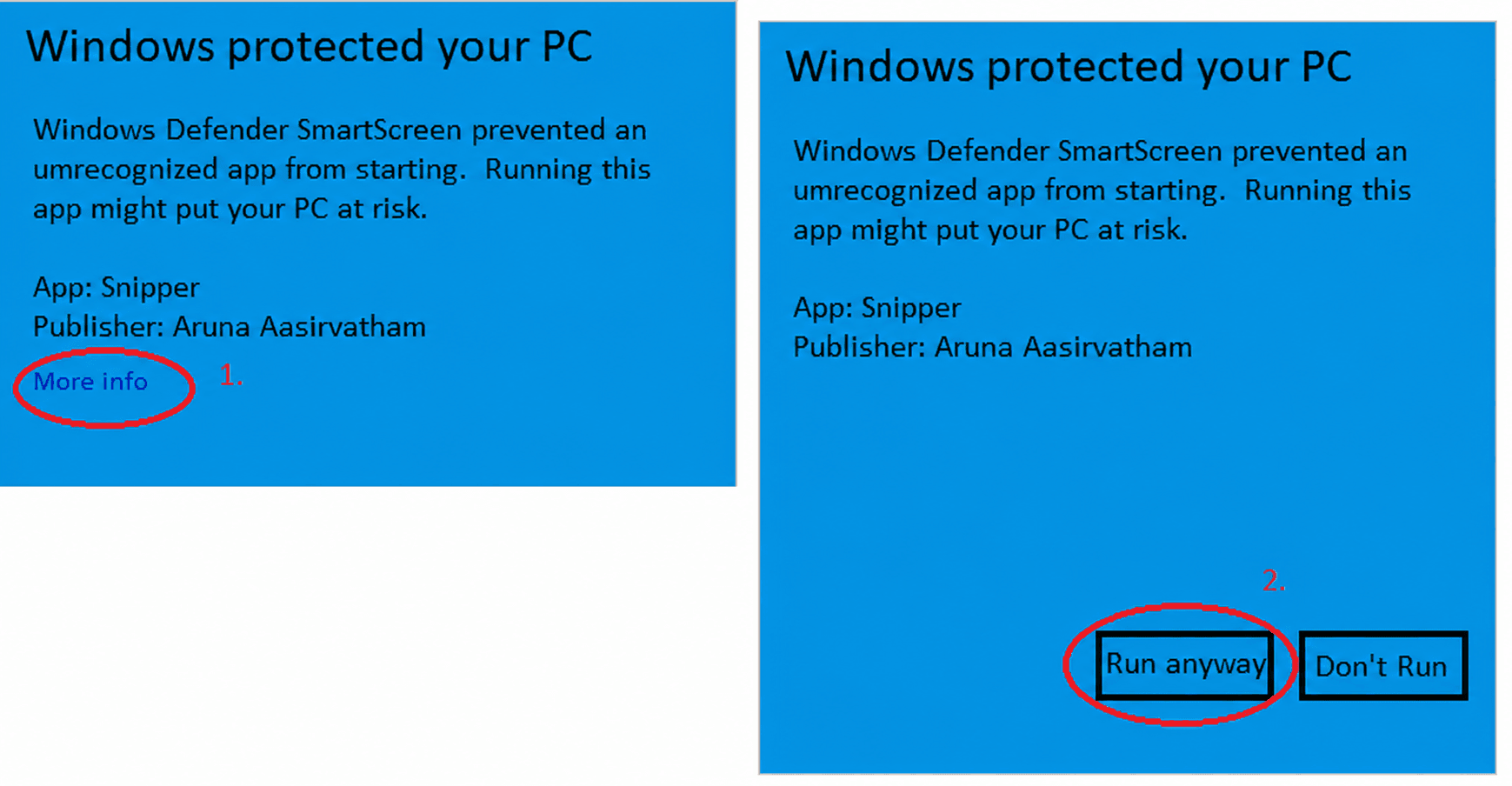 Windows Defender SmartScreen prompt for Snipper showing More info and Run anyway